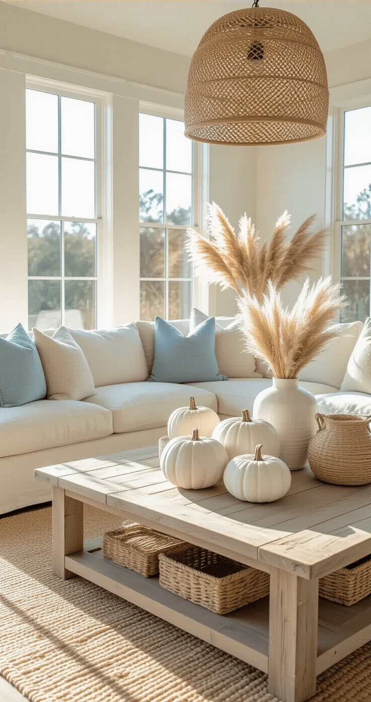 Coastal Fall Decor: Transform Your Space with Beachy Autumn Vibes A bright living room with coastal windows, featuring a cream linen sectional with blue and beige pillows, a driftwood coffee table with white ceramic pumpkins, and pampas grass in a seagrass vase, all illuminated by warm afternoon light along with intricate shadows from a rattan pendant light.