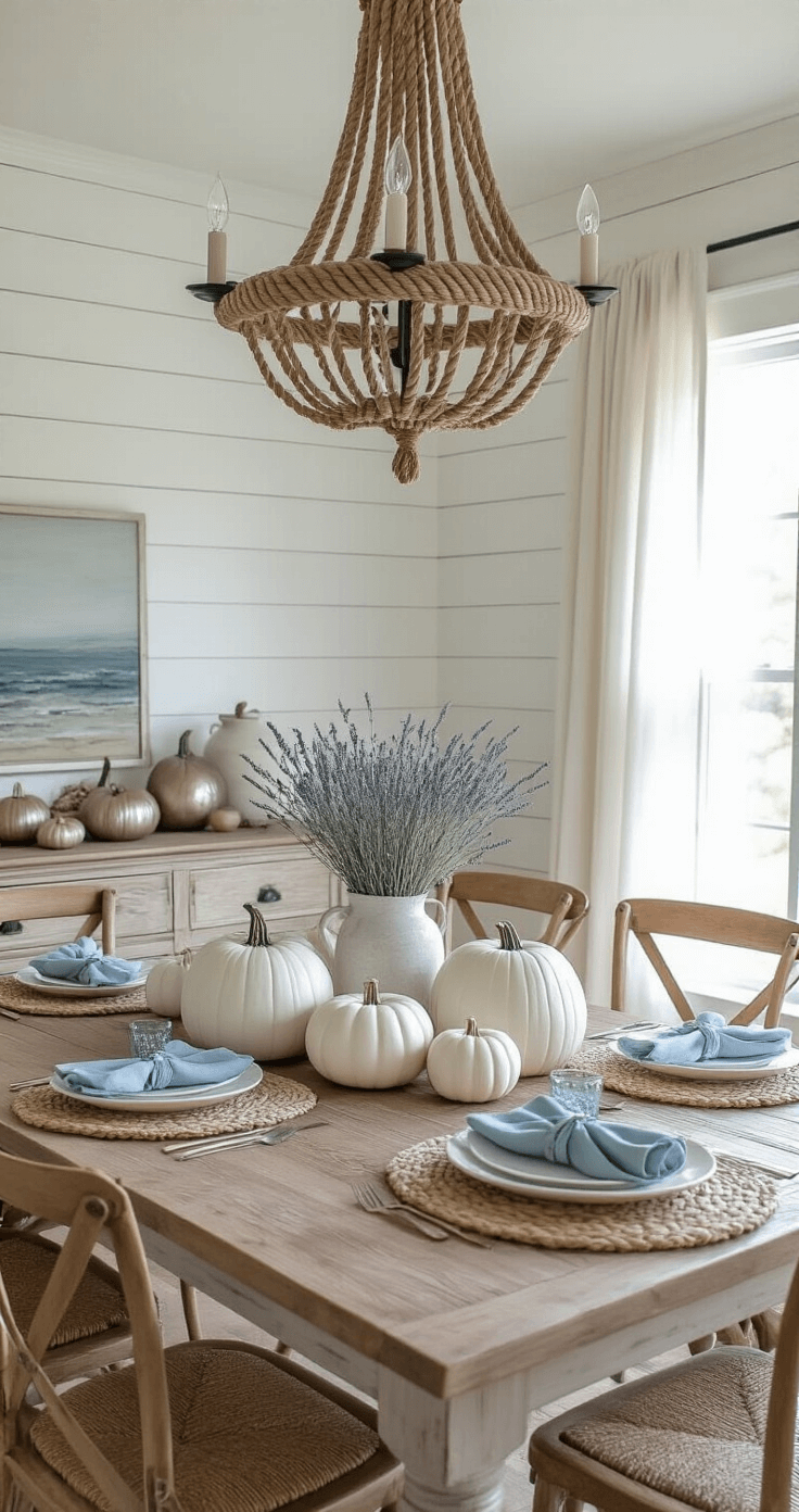 Coastal Fall Decor: Transform Your Space with Beachy Autumn Vibes Intimate dining room featuring white shiplap walls and a rope-wrapped chandelier, with morning light illuminating a rustic oak table adorned with white ceramic pumpkins, dried sea lavender, and sea glass votives. Natural fiber placemats and soft blue linen napkins complement the coastal-themed decor displayed on a weathered sideboard.