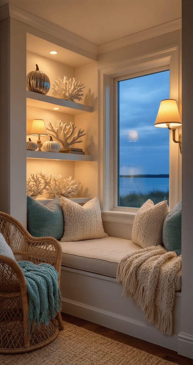 Coastal Fall Decor: Transform Your Space with Beachy Autumn Vibes Cozy reading nook with a built-in window seat, dusk lighting, plush cushions, rattan chair, and coastal decor featuring coral and driftwood.