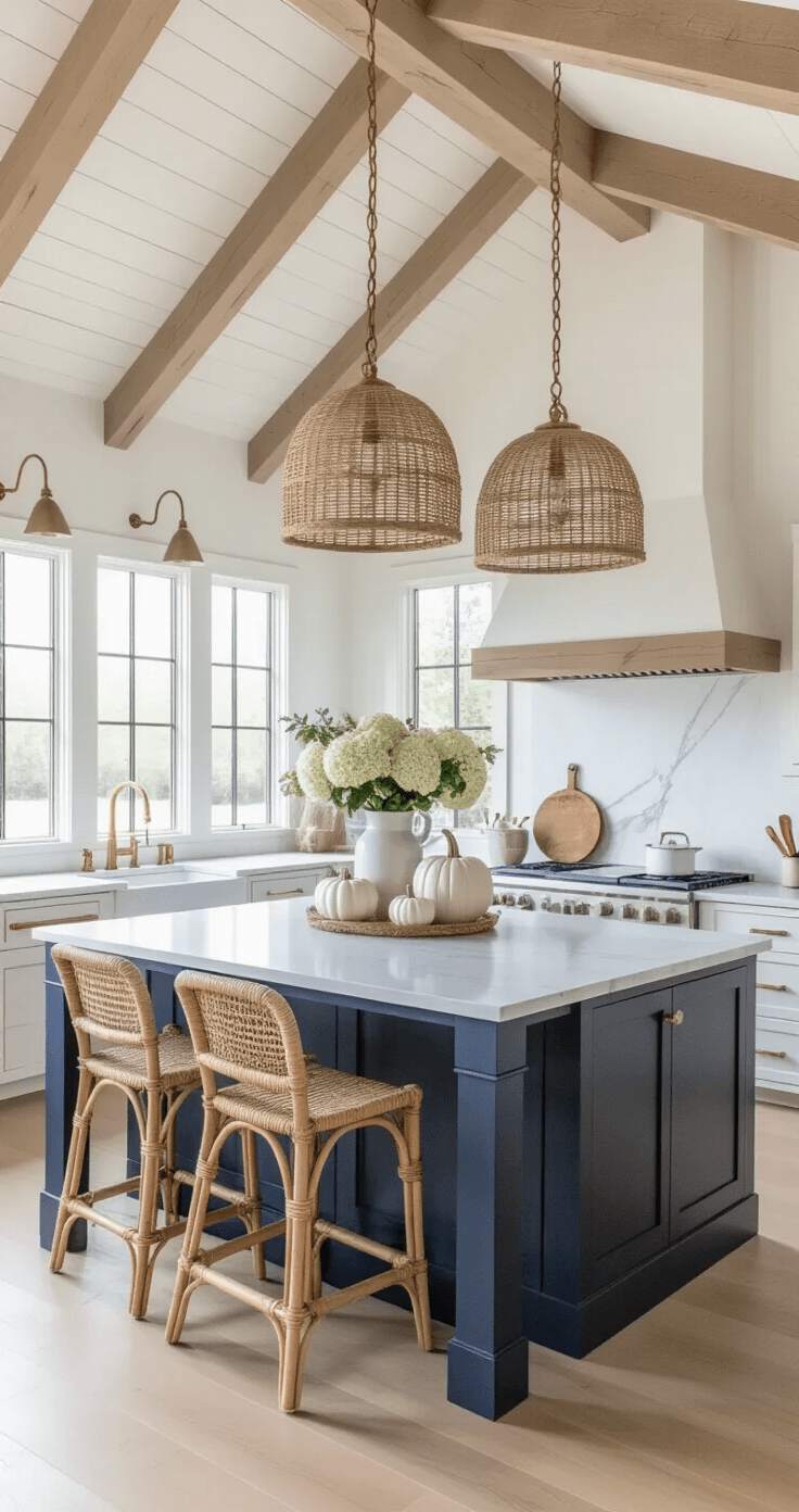 Coastal Fall Decor: Transform Your Space with Beachy Autumn Vibes Modern farmhouse kitchen featuring a 12ft vaulted ceiling with exposed bleached beams, white marble counters adorned with ceramic pumpkins and dried hydrangeas, a navy island with brass hardware, and rattan barstools, all illuminated by mid-morning light that creates geometric shadows from woven pendant lights.