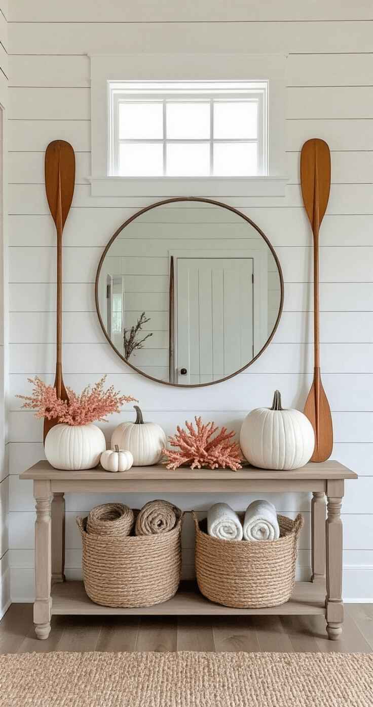 Coastal Fall Decor: Transform Your Space with Beachy Autumn Vibes Welcoming entryway featuring horizontal shiplap, vintage oar wall art, a console table adorned with white pumpkins and coral, a seagrass basket with muted throws, and an oversized round mirror, all illuminated by natural light from a transom window.