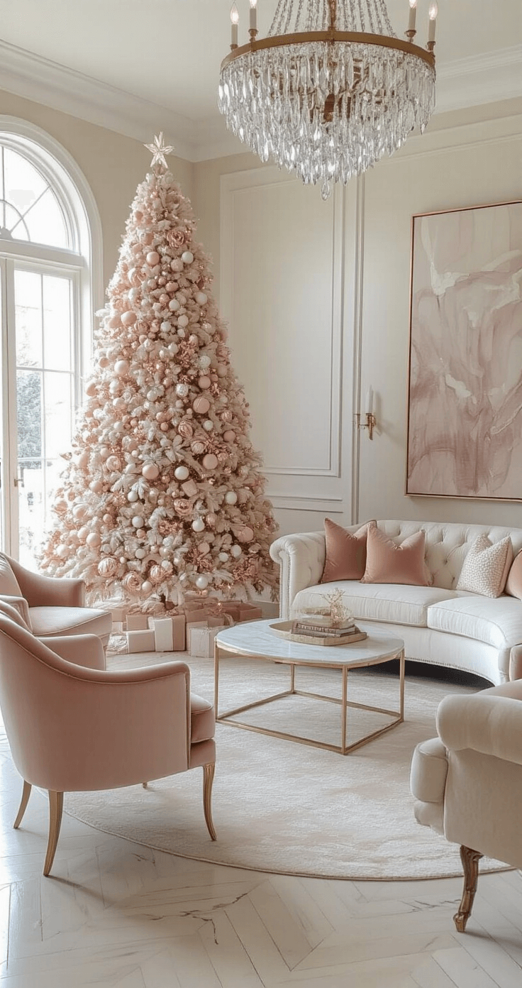 Magical Christmas Living Room Decor: Your Ultimate Guide to Festive Home Styling A luxurious transitional living room featuring a 7ft flocked Christmas tree decorated in blush pink, champagne, and pearl. The room includes a curved ivory bouclé sofa, brass-framed accent chairs in dusty rose velvet, herringbone marble floors, and a crystal chandelier, all lit by natural and soft fill lighting.