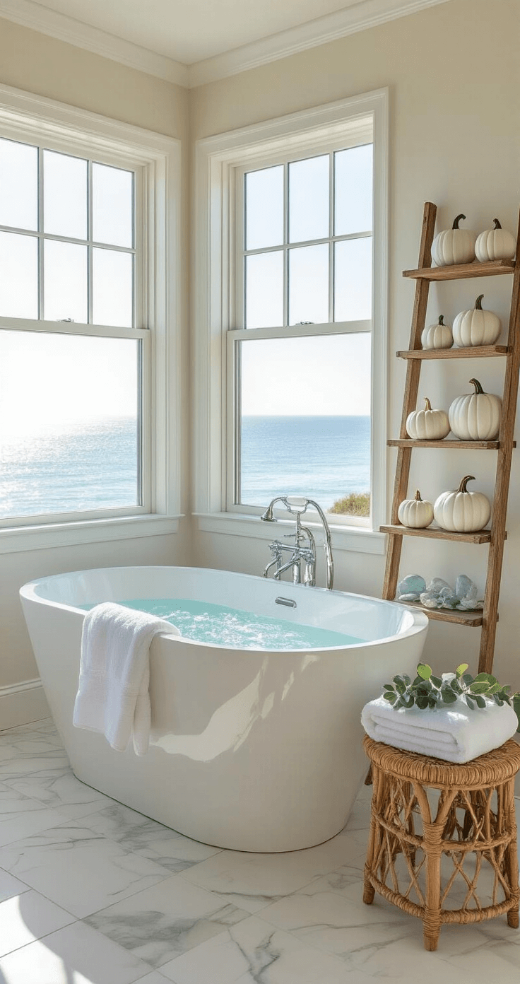 Coastal Fall Decor: Transform Your Space with Beachy Autumn Vibes A serene spa-like master bath featuring a freestanding tub under a window with an ocean view, with morning light reflecting on the marble tile floor and a vintage ladder shelf displaying coastal treasures. A rattan stool holds plush white towels and a dried eucalyptus bundle, captured from a corner angle with soft diffused light.