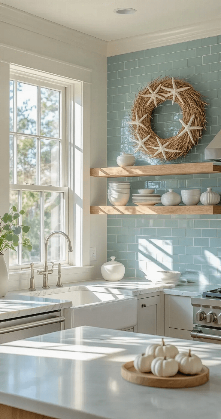 Coastal Fall Wreath: A Beachy Autumn Decor Masterpiece Contemporary beach house kitchen featuring open shelving with white ceramics, pale blue subway tile, and an 18-inch seagrass wreath adorned with bleached starfish, white mini pumpkins, and silver dollar eucalyptus, illuminated by afternoon sunlight casting shadows on marble countertops.