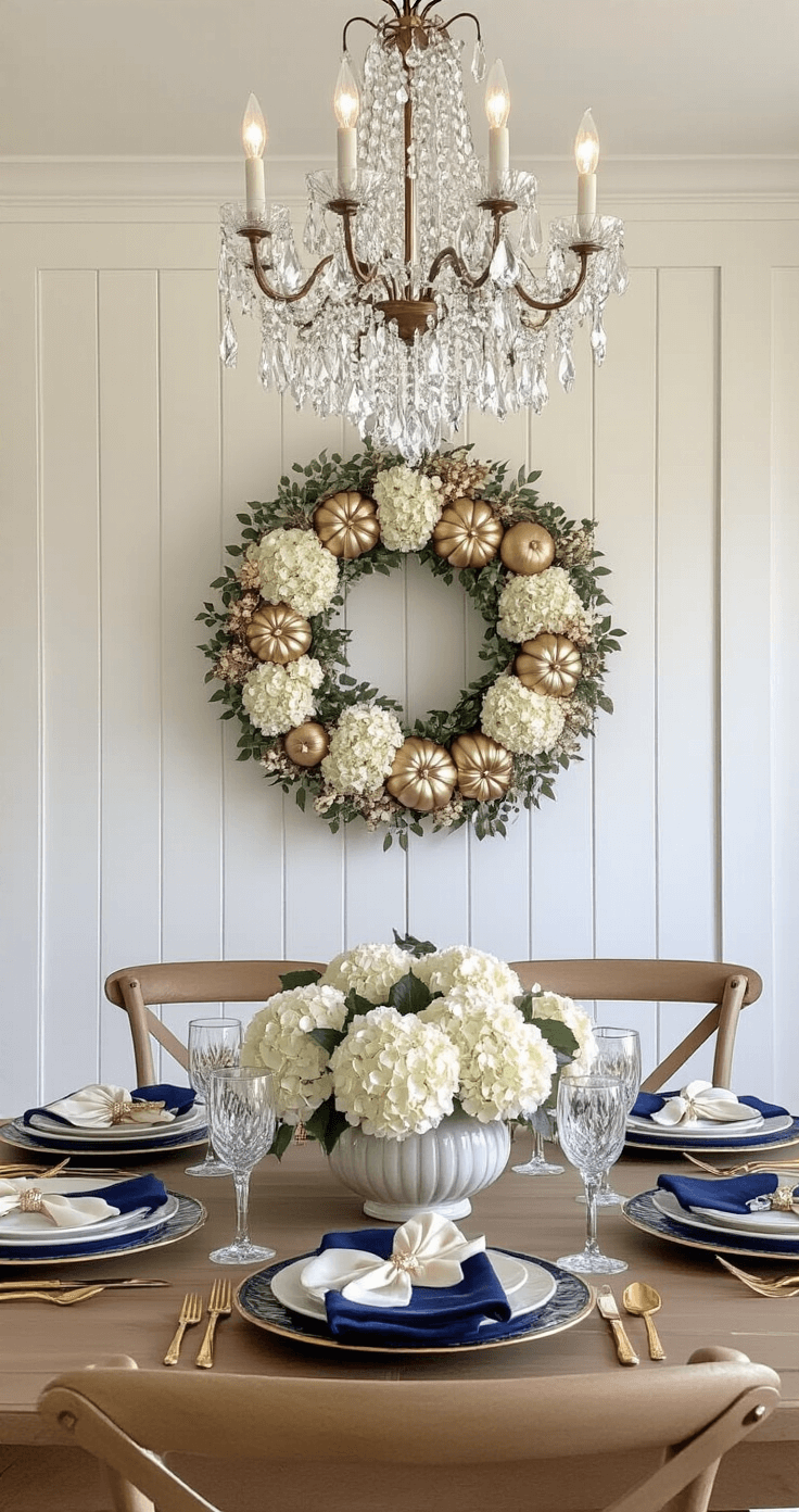 Coastal Fall Wreath: A Beachy Autumn Decor Masterpiece Hamptons-style dining room featuring board and batten walls painted classic white, illuminated by a crystal chandelier. An oversized wreath made of weathered shells, cream hydrangeas, and metallic beige pumpkins is centered on the feature wall, with a navy and gold table setting below. The wide-angle perspective captures the entire tablescape, highlighting the wreath’s intricate details against the soft box lighting that enhances the metallic accents.