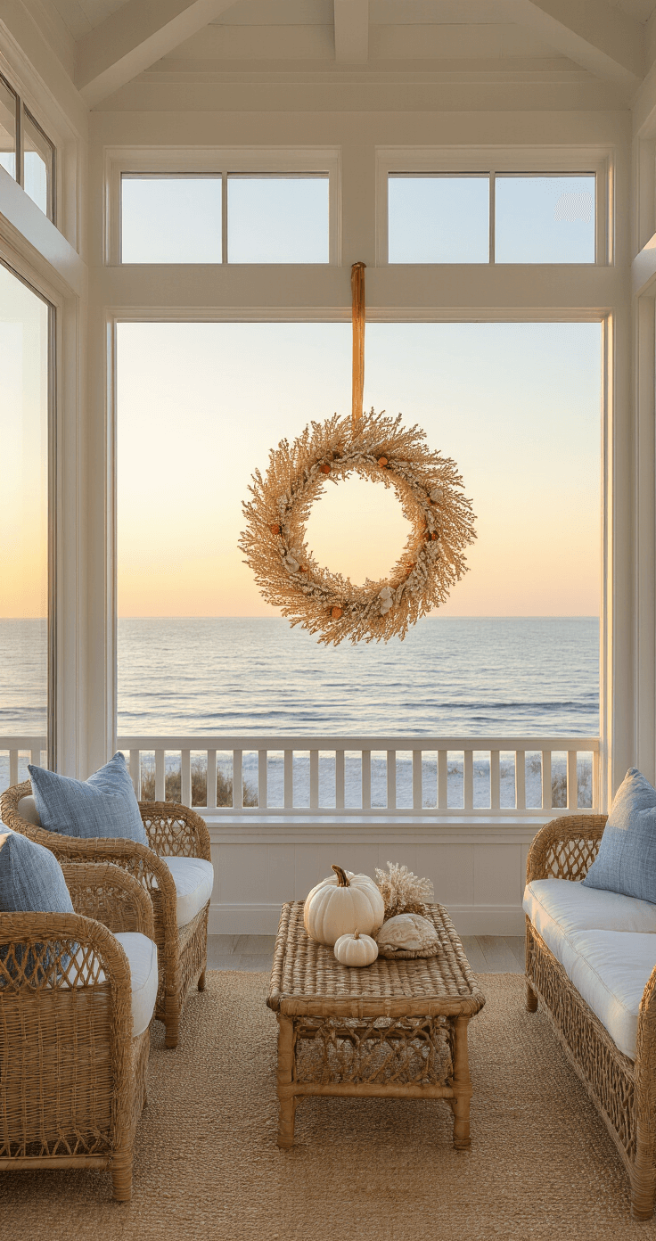 Coastal Fall Wreath: A Beachy Autumn Decor Masterpiece A cozy beach cottage sunroom with floor-to-ceiling windows overlooking the ocean, illuminated by warm golden hour light. A 28-inch wreath made of bleached coral, copper-painted shells, and white pumpkins hangs from a ceiling beam, while rattan furniture and coastal blue decor enhance the serene atmosphere.