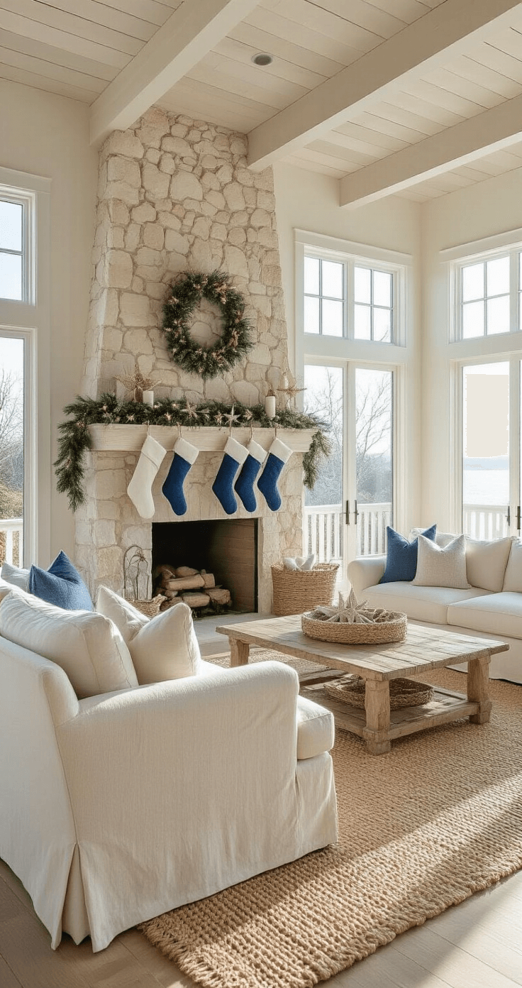 Coastal Christmas Stockings: Bring the Beach to Your Holiday Decor A sunlit coastal living room featuring 12-foot ceilings, white-washed beams, a weathered limestone fireplace decorated with blue and white stockings, and plush cream sofas, captured from a low corner angle with a soft depth of field.