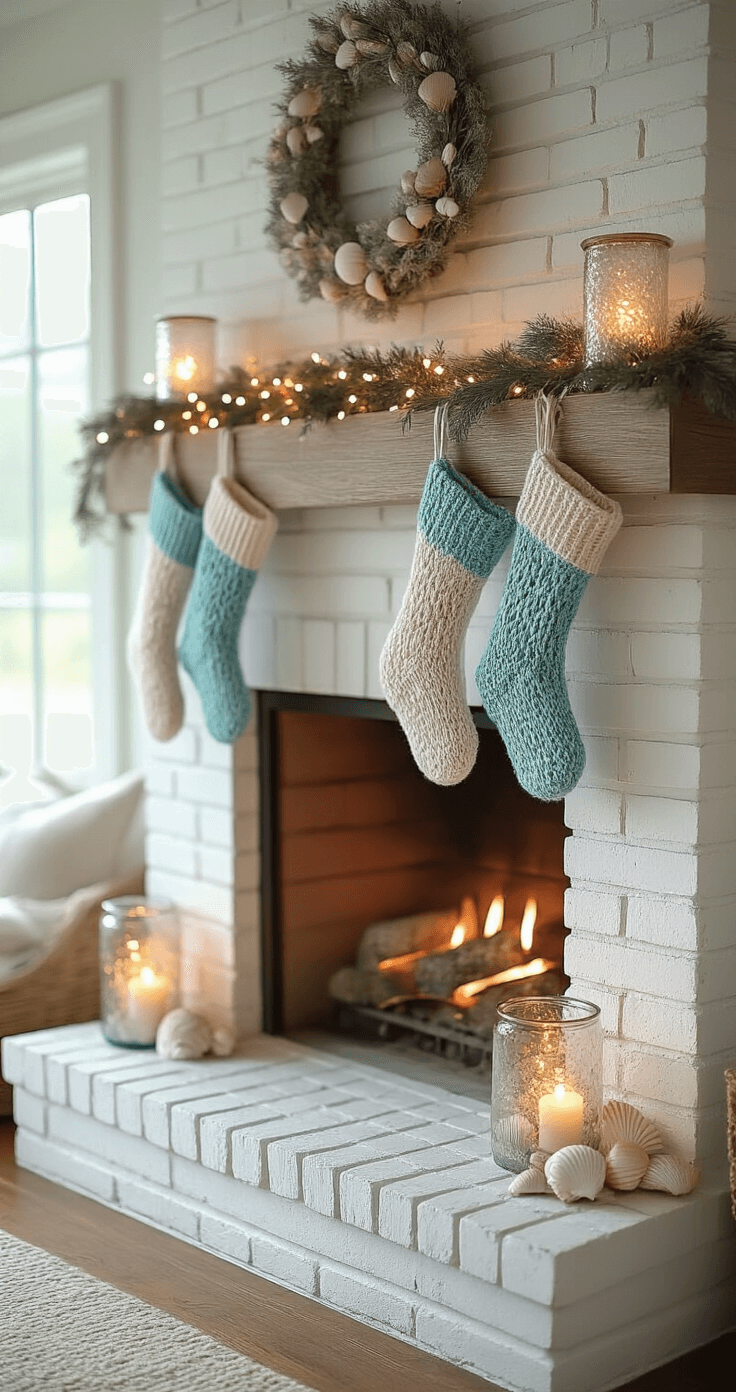 Coastal Christmas Stockings: Bring the Beach to Your Holiday Decor An intimate fireplace nook filled with morning light, showcasing a whitewashed brick fireplace adorned with hand-knitted coastal stockings in aqua and sand tones, a seashell garland intertwined with warm LED string lights on a distressed teak mantel, and mercury glass hurricanes with floating candles, all captured in macro focus on stocking textures with subtle vignetting for a cozy feel.