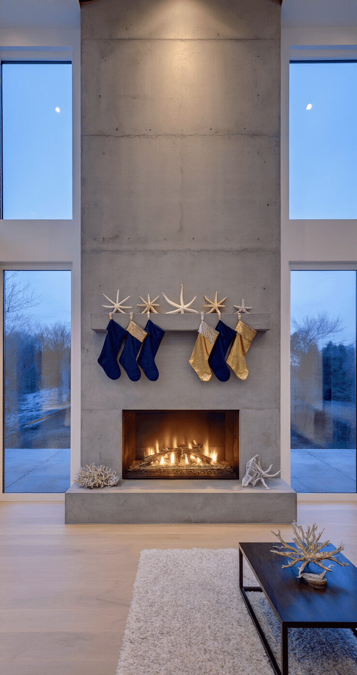 Coastal Christmas Stockings: Bring the Beach to Your Holiday Decor A modern open-concept great room at twilight, featuring a floor-to-ceiling minimalist concrete fireplace adorned with navy and metallic gold coastal stockings. The ultra-wide angle shot captures the dramatic LED uplighting casting shadows, with a floating steel mantel showcasing crystal starfish and silver driftwood, creating a serene ambiance with cool blue lighting and warm fireplace glow.