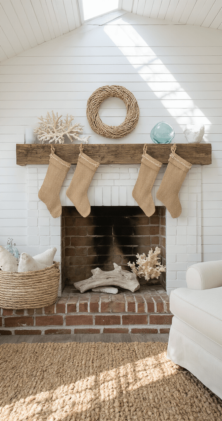 Coastal Christmas Stockings: Bring the Beach to Your Holiday Decor Cozy beach cottage den featuring shiplap walls and a classic brick fireplace, adorned with handmade burlap stockings and weathered coral decorations, illuminated by natural light from a skylight.