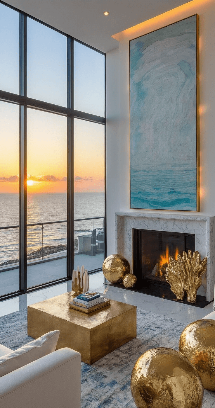 Coastal Christmas Stockings: Bring the Beach to Your Holiday Decor Luxurious penthouse living room with ocean views at sunset, featuring floor-to-ceiling windows, a marble fireplace adorned with pearl and aquamarine silk stockings, and opulent coastal decor including gold-leafed driftwood and oversized mercury glass ornaments, all highlighted by dramatic side lighting.