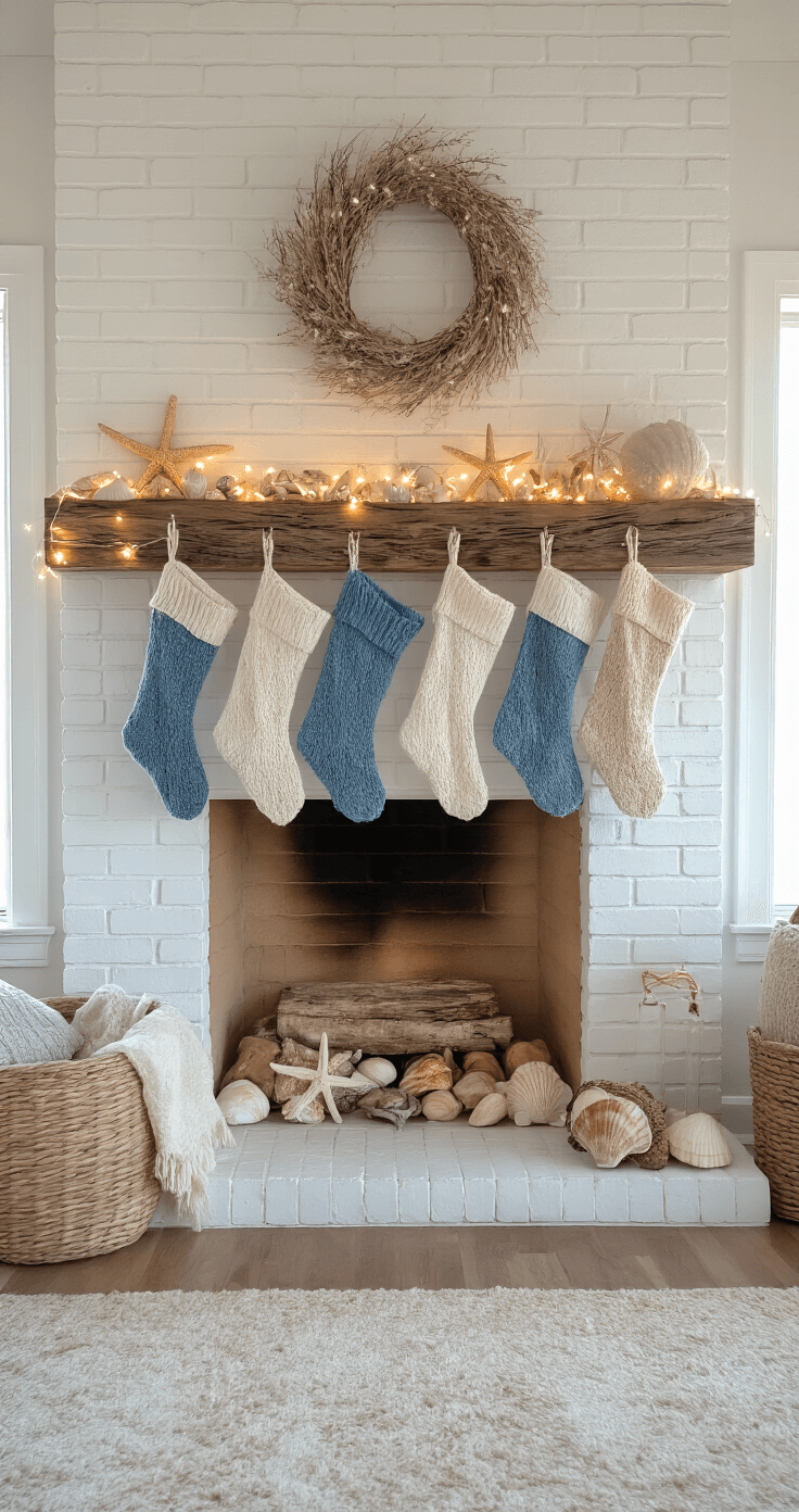 Coastal Christmas Stockings: Bring the Beach to Your Holiday Decor Rustic beach bungalow living space with a white painted brick fireplace, raw edge wood mantel, and mismatched coastal stockings in blues and creams, illuminated by fairy lights and capturing a warm, intimate atmosphere during golden hour.