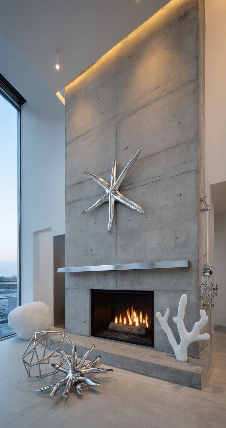 Coastal Christmas Stockings: Bring the Beach to Your Holiday Decor A wide-angle view of a contemporary loft space featuring an industrial concrete fireplace with a glass mantel, decorated with minimalist linen stockings in coastal grayscale tones. LED strip lighting enhances the modern atmosphere, while oversized chrome starfish and geometric coral sculptures provide artistic edge. The scene is set at dusk, showcasing clean lines and dramatic shadows.