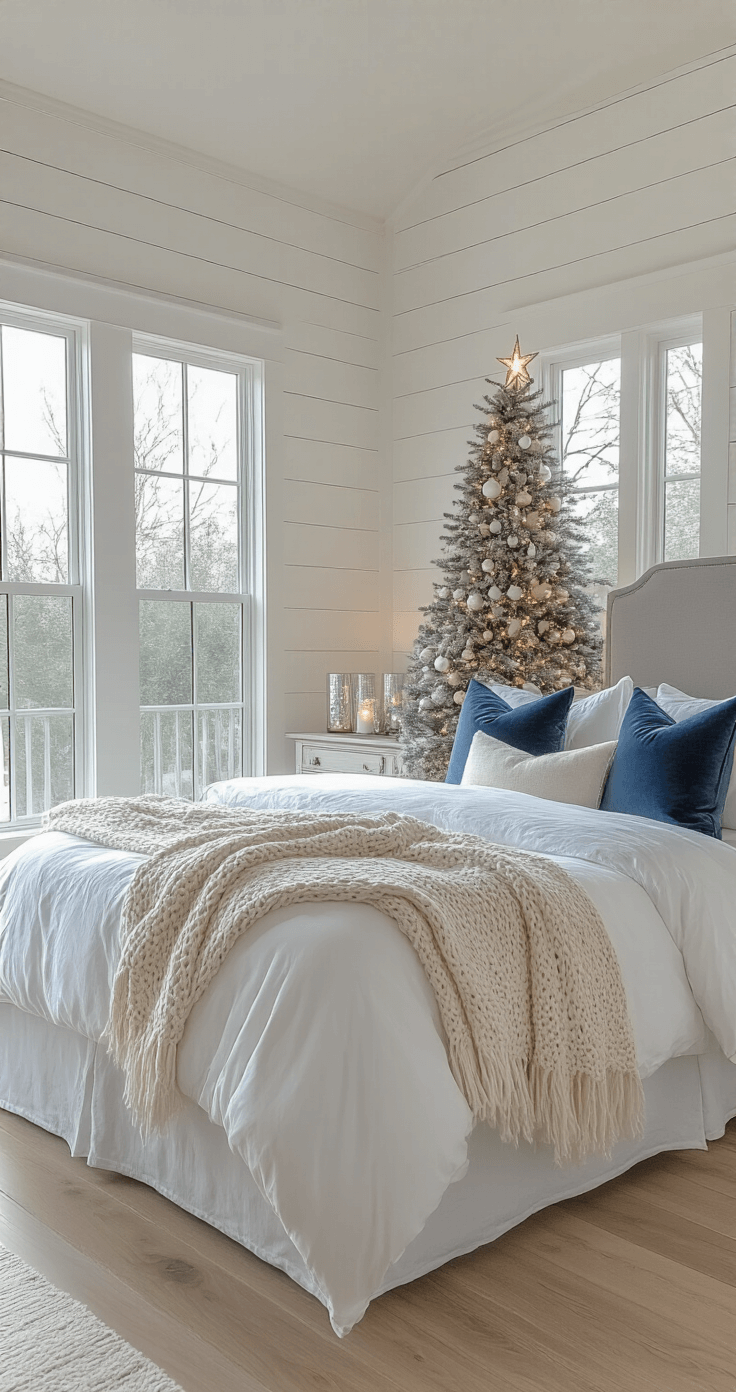 Coastal Christmas Bedroom: Create a Serene Holiday Retreat A cozy master bedroom with white shiplap walls and pale oak flooring, featuring a king-sized bed with white linens and coastal blue pillows, a vintage dresser with a small Christmas tree, and ambient candlelight, all bathed in soft morning light.