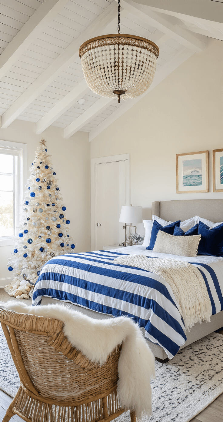 Coastal Christmas Bedroom: Create a Serene Holiday Retreat A cozy guest bedroom featuring a queen bed with a navy and white striped duvet, silver velvet pillows, and a white cable-knit blanket, illuminated by warm golden hour light. The room has a vaulted ceiling with exposed white beams and a capiz shell chandelier, alongside a frosted Christmas tree decorated with blue glass balls and seashell ornaments. A rattan accent chair with a fur throw enhances the intimate atmosphere. The camera captures a diagonal view from the door to the far corner.