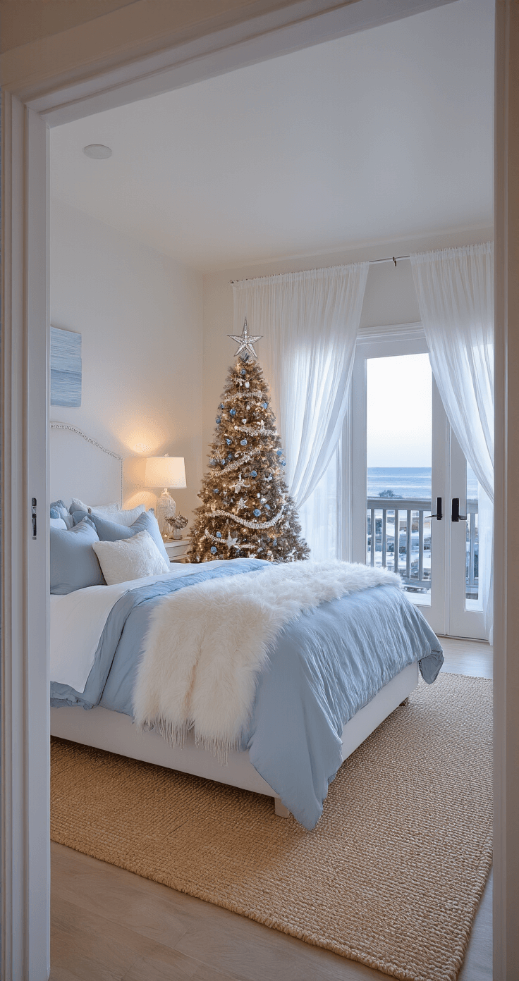 Coastal Christmas Bedroom: Create a Serene Holiday Retreat Spacious primary suite at dusk featuring French doors to a private balcony, a California king bed with pale blue bedding, a slim Christmas tree with coastal decorations, and a seagrass rug, all illuminated by warm string lights and table lamps.