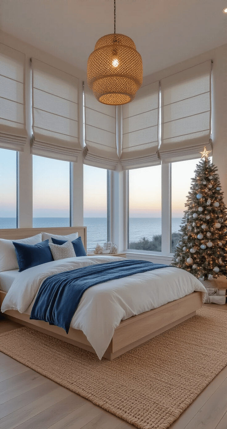 Coastal Christmas Bedroom: Create a Serene Holiday Retreat Modern bedroom at twilight featuring floor-to-ceiling ocean view windows, a queen platform bed in bleached oak with white and silver bedding, blue velvet accent pillows, and a flocked Christmas tree adorned with coastal ornaments, all complemented by a jute rug and rattan pendant light.