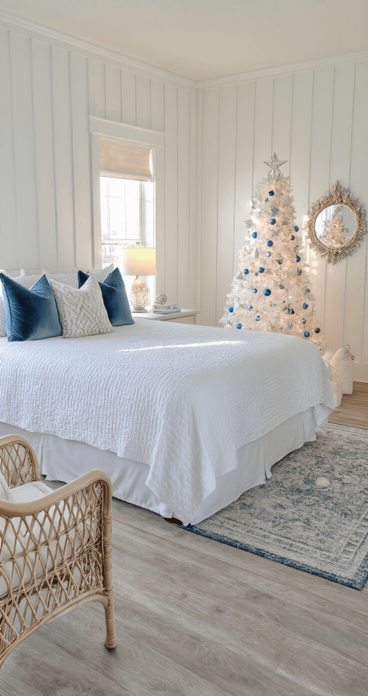 Coastal Christmas Bedroom: Create a Serene Holiday Retreat A cozy 14x14ft guest room at sunrise featuring board and batten soft white walls, driftwood-toned flooring, and a queen bed adorned with a white quilted coverlet and blue velvet euro shams. A small white Christmas tree decorated in blue and silver, along with a rattan chair and a shell-framed mirror, creates a warm ambiance illuminated by golden hour light.