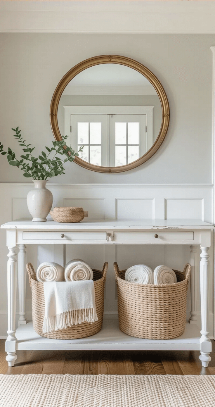 Embrace the Fall Coastal Grandmother Style: A Cozy Autumn Transformation Guide A bright entryway featuring glossy white wainscoting, pale gray walls, and a vintage distressed white console, enhanced by an oversized brass mirror reflecting light from french doors, with woven baskets underneath holding cream and camel throws, shot straight-on for symmetry.
