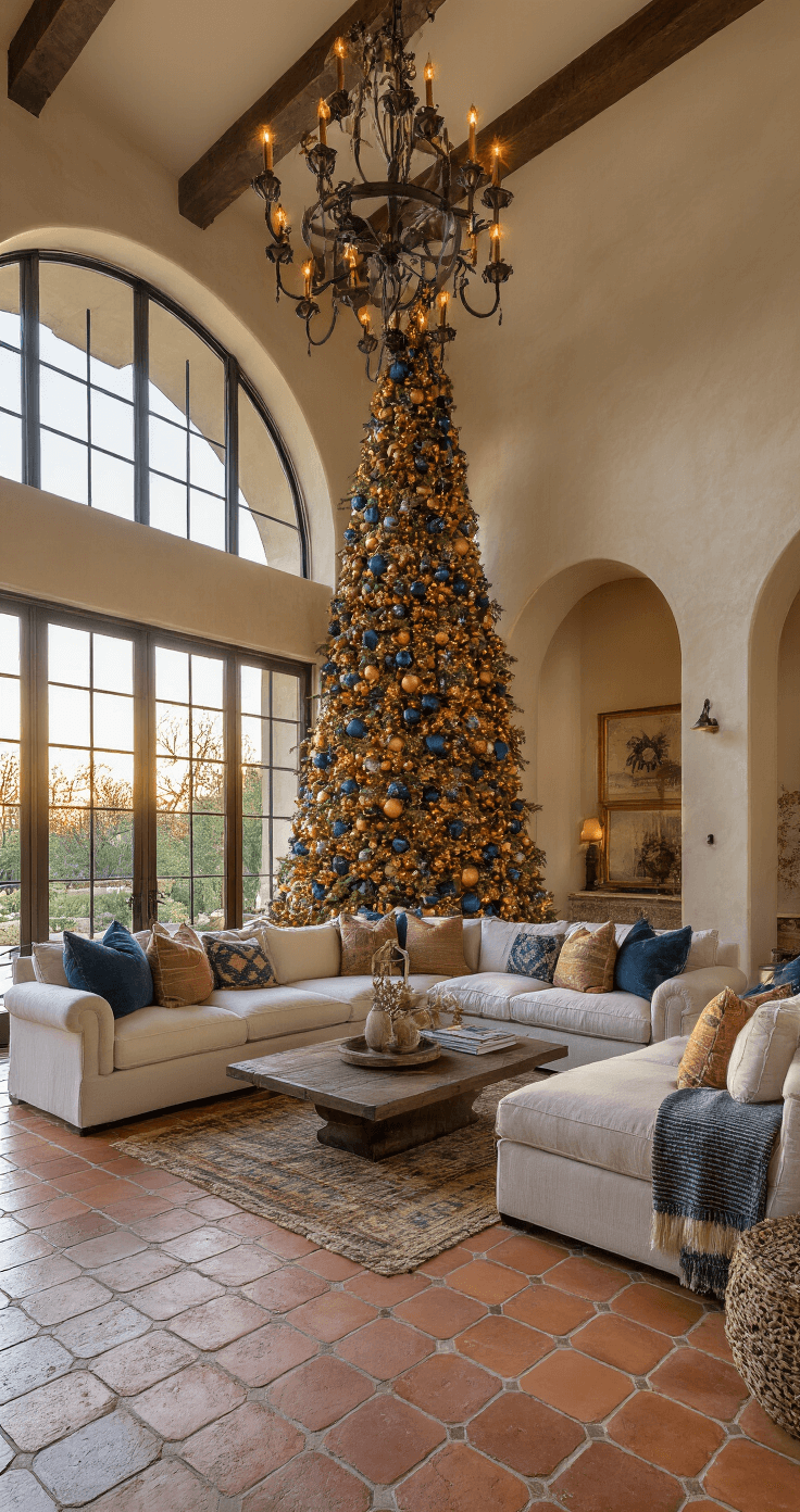 Magical Christmas Living Room Decor: Your Ultimate Guide to Festive Home Styling A Mediterranean-inspired great room at sunset, showcasing a grand noble fir tree with copper, bronze, and deep blue ornaments, ivory linen sectionals with kilim pillows, and terra cotta tile floors, all under an ornate iron chandelier and arched doorways.