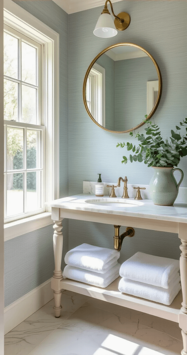 Embrace the Fall Coastal Grandmother Style: A Cozy Autumn Transformation Guide A bright and sophisticated powder room featuring pale blue-gray grasscloth wallpaper, a vintage creamy marble console sink, a round brass mirror, neatly stacked white hand towels on floating shelves, and fresh eucalyptus in a weathered ceramic pitcher, all illuminated by morning light.