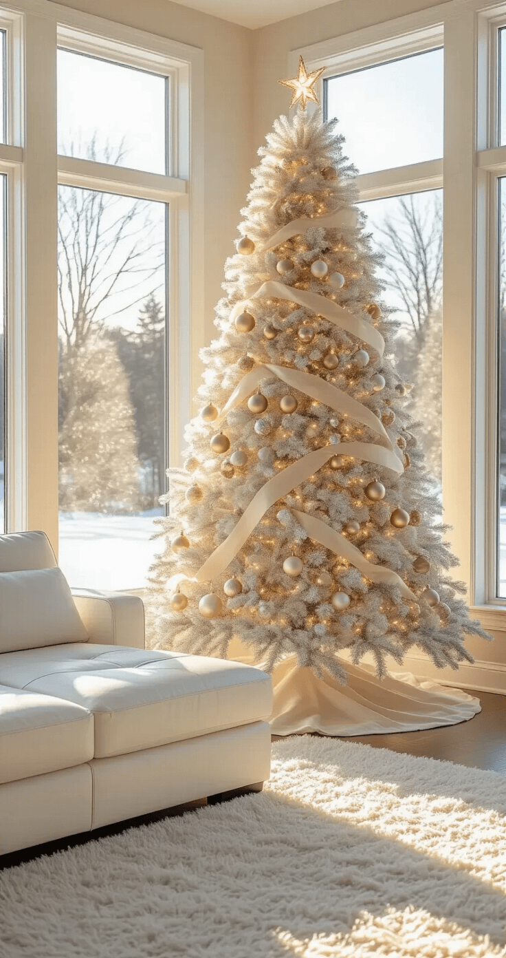 Styling a White Christmas Tree: Your Ultimate Elegant Holiday Guide A bright corner living room with a white flocked Christmas tree adorned with champagne gold ornaments and ivory silk ribbon, situated by floor-to-ceiling windows that let in warm winter sunlight, with a modern white leather sectional and neutral cream walls.