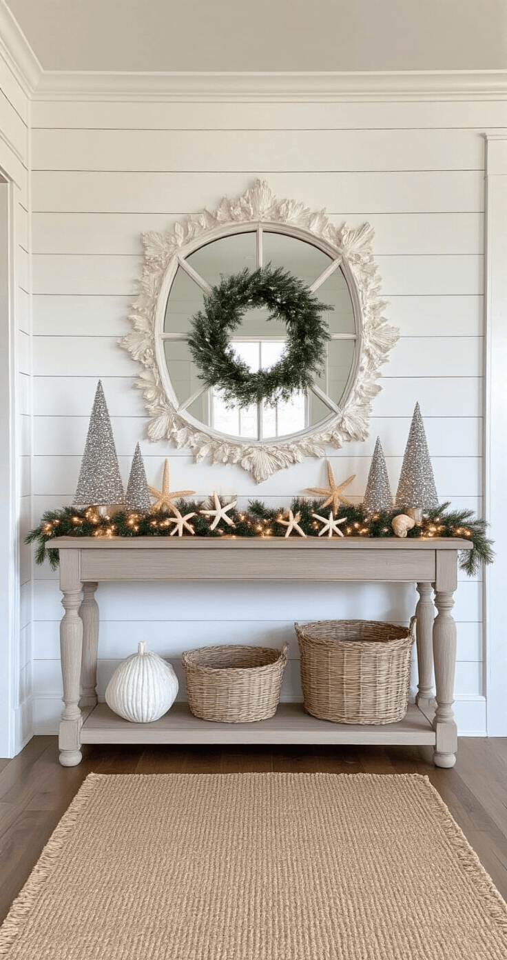 Coastal Christmas Decor: Transform Your Home into a Serene Holiday Seaside Retreat Welcoming entryway featuring whitewashed shiplap walls and an oversized shell-framed mirror, with a coastal Christmas vignette on a console table, illuminated by bright, even lighting.