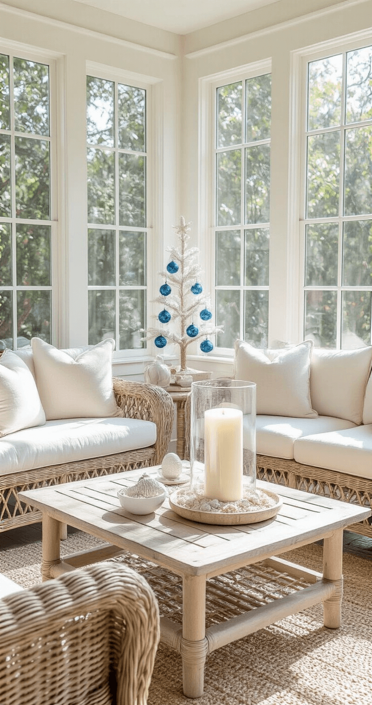 Coastal Christmas Decor: Transform Your Home into a Serene Holiday Seaside Retreat Bright and airy sunroom with large windows, featuring a rattan seating area with ivory cushions around a bleached wood coffee table decorated with a glass hurricane candle holder and a small white ceramic tree with blue ornaments, creating a refreshing atmosphere.