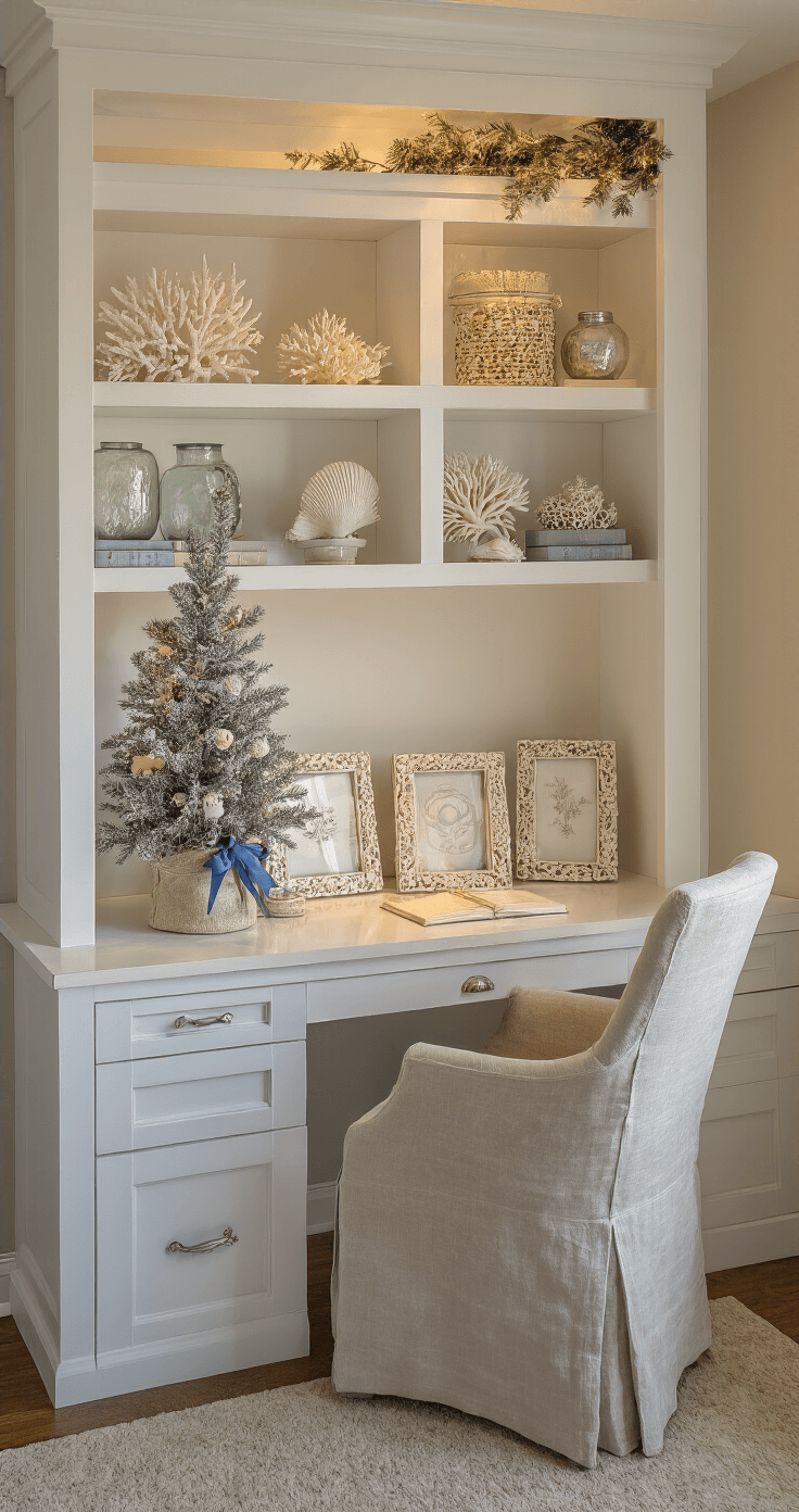 Coastal Christmas Decor: Transform Your Home into a Serene Holiday Seaside Retreat Cozy home office nook at sunset with built-in white shelving displaying coastal holiday decor, including coral specimens and frosted tree, featuring a linen-upholstered desk chair facing a white lacquer desk adorned with shell-encrusted picture frames, all illuminated by warm lighting.