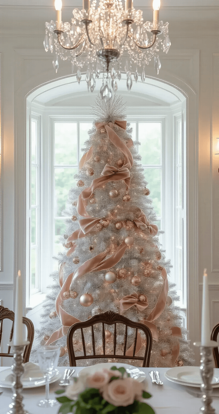 Styling a White Christmas Tree: Your Ultimate Elegant Holiday Guide Intimate formal dining room adorned with a 6-foot white tinsel tree in a bay window, featuring a crystal chandelier, metallic rose gold and silver ornaments, and blush velvet ribbons; antique silver candlesticks set the scene.