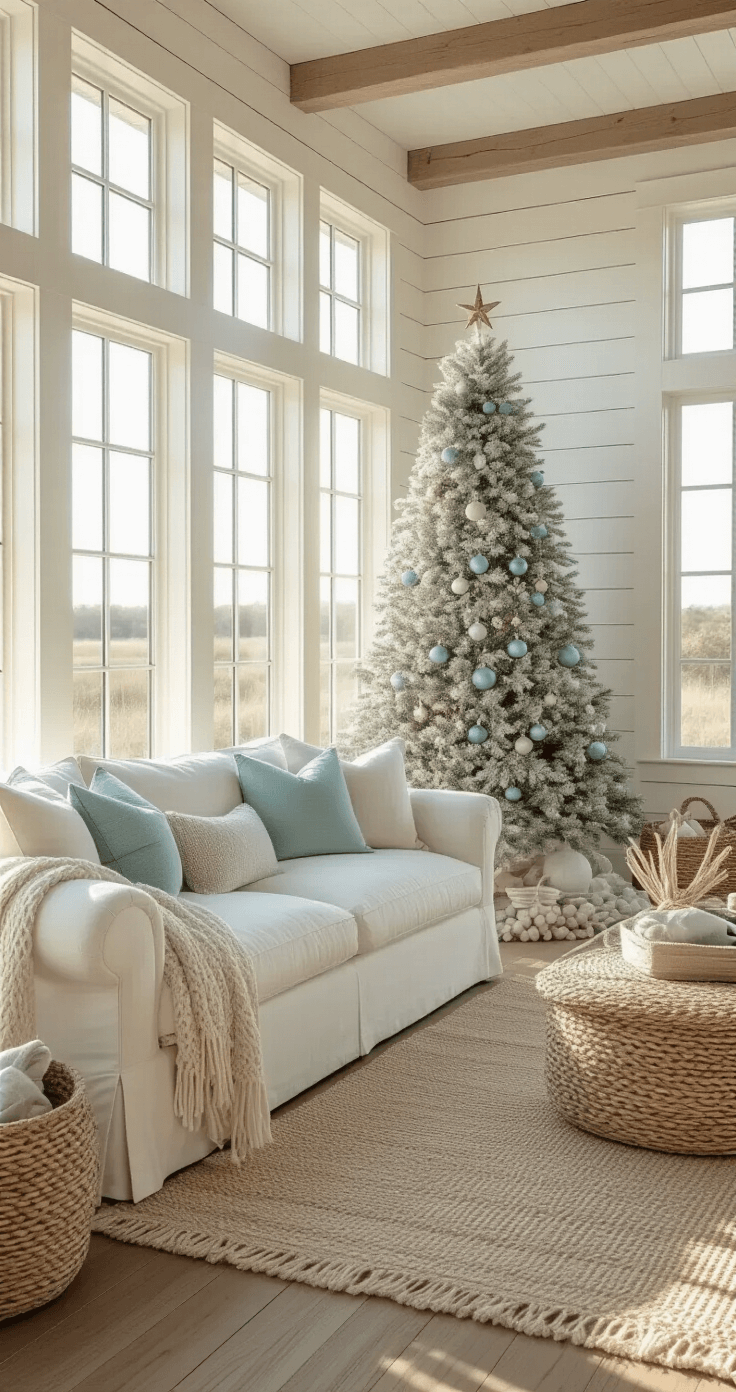 A Coastal Cottage Christmas: Bringing Seaside Serenity to Your Holiday Decor Bright coastal living room with shiplap walls and a decorated Christmas tree, showcasing natural light and warm tones.