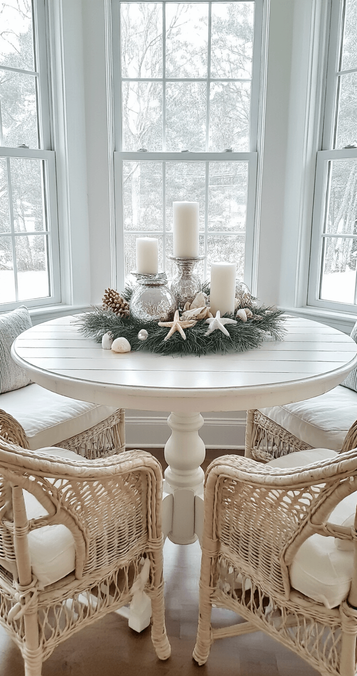 A Coastal Cottage Christmas: Bringing Seaside Serenity to Your Holiday Decor An intimate breakfast nook featuring a white-washed round table adorned with a coastal Christmas centerpiece of mercury glass lanterns, white candles, and sea glass, surrounded by rattan chairs with cream cushions, all bathed in soft morning light with blue-tinted windows showing falling snow.