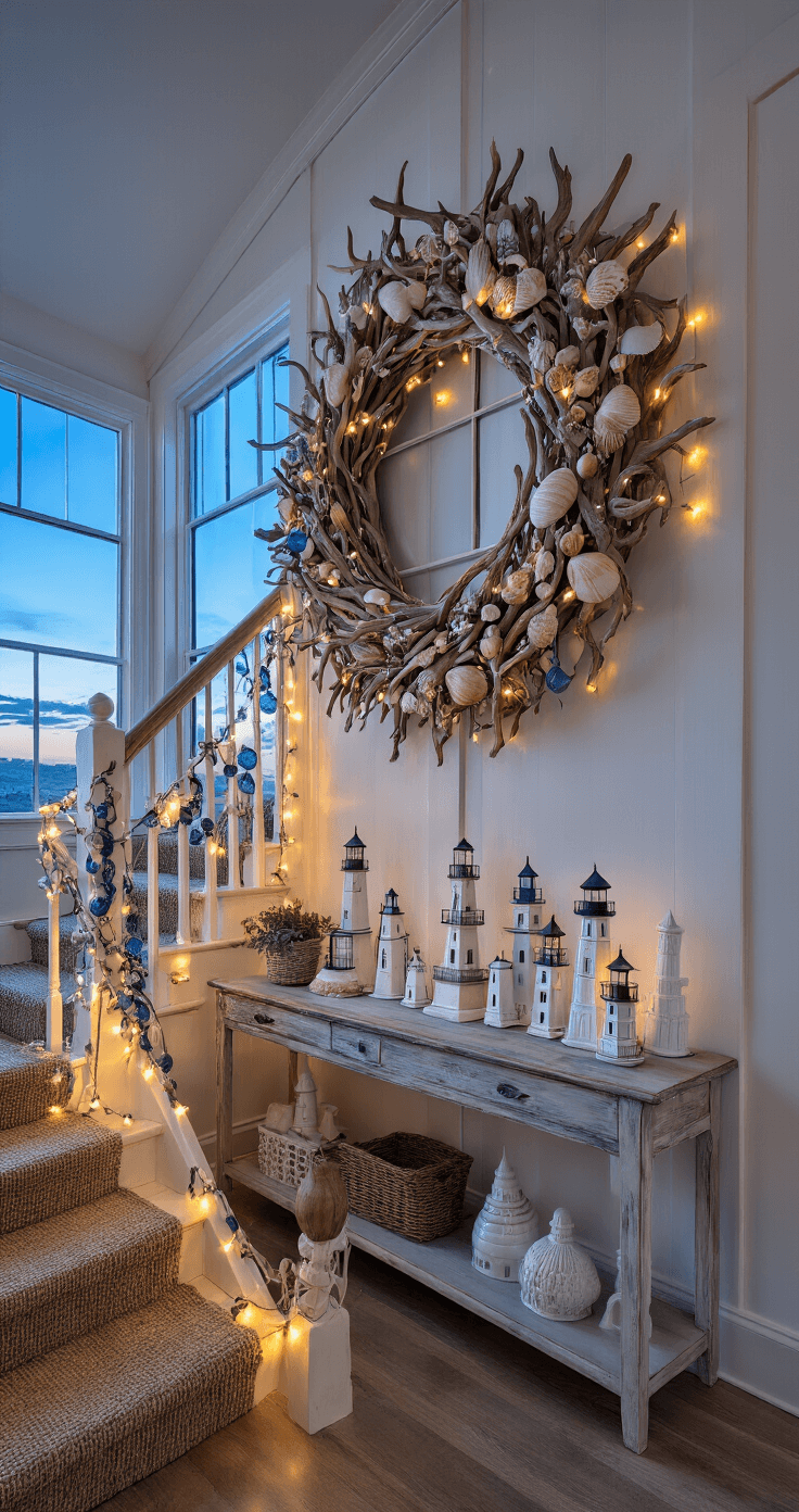 A Coastal Cottage Christmas: Bringing Seaside Serenity to Your Holiday Decor Dramatic entryway with a 16ft cathedral ceiling, featuring a whitewashed Dutch door adorned with a large driftwood and seashell wreath, cascading vintage blue glass fishing floats intertwined with warm white fairy lights down the stair railing, and a weathered console table showcasing white ceramic lighthouses, all illuminated by a mix of ambient twilight and warm artificial light.
