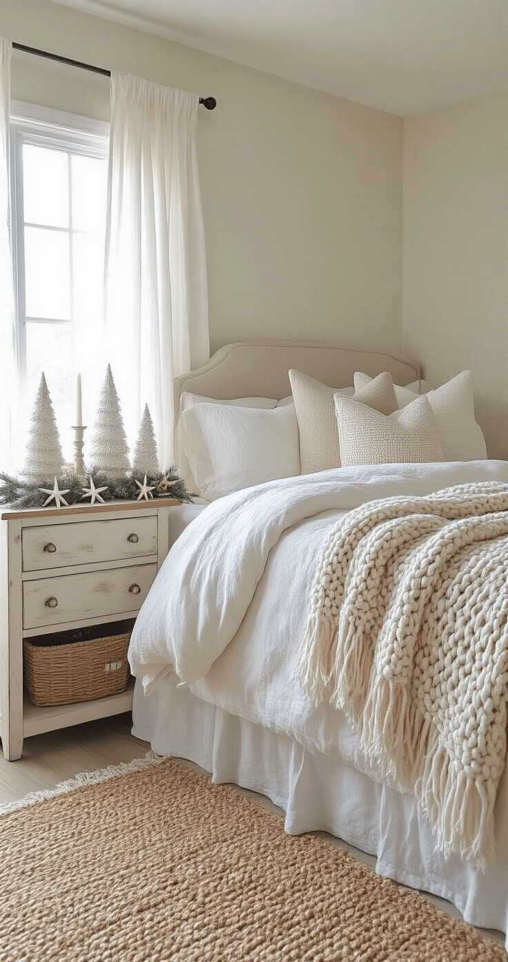 A Coastal Cottage Christmas: Bringing Seaside Serenity to Your Holiday Decor Cozy master bedroom at dawn featuring a king bed with white linen and knit throws, a coastal Christmas vignette on a weathered dresser, and morning light filtering through sheer curtains.