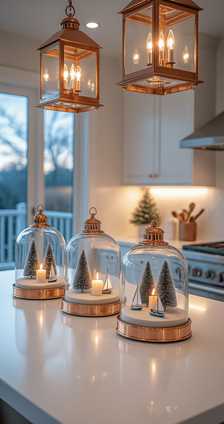 A Coastal Cottage Christmas: Bringing Seaside Serenity to Your Holiday Decor A modern open concept kitchen featuring a white quartz island adorned with glass cloches showcasing coastal Christmas scenes, complemented by copper lanterns with flameless candles, all illuminated during blue hour with a blend of cool and warm lighting.