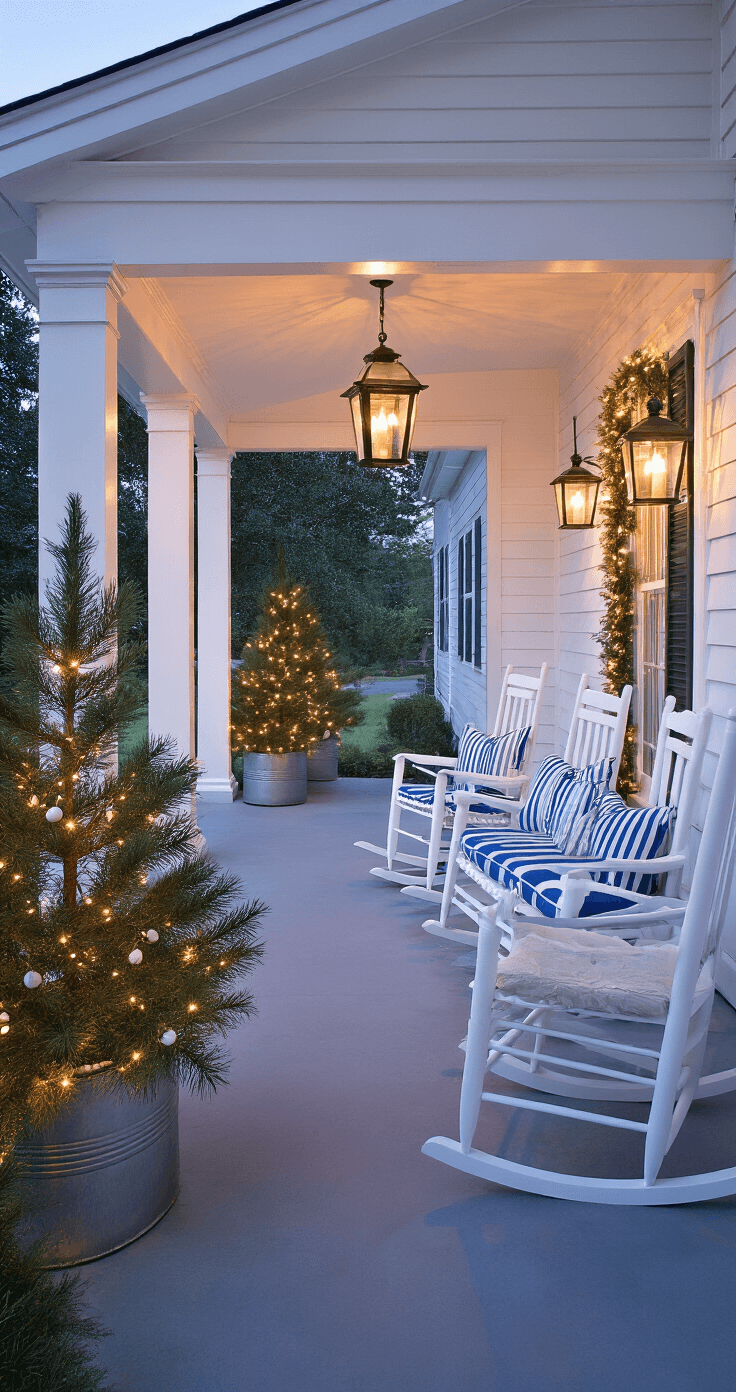 A Coastal Cottage Christmas: Bringing Seaside Serenity to Your Holiday Decor A welcoming covered porch at dusk features white rocking chairs with blue striped cushions, oversized lanterns with warm candlelight, and a garland of rope, shells, and white lights framing the entrance, all complemented by potted coastal pine trees in zinc containers, creating a cozy atmosphere as the cool blue hour light merges with the warm porch glow.