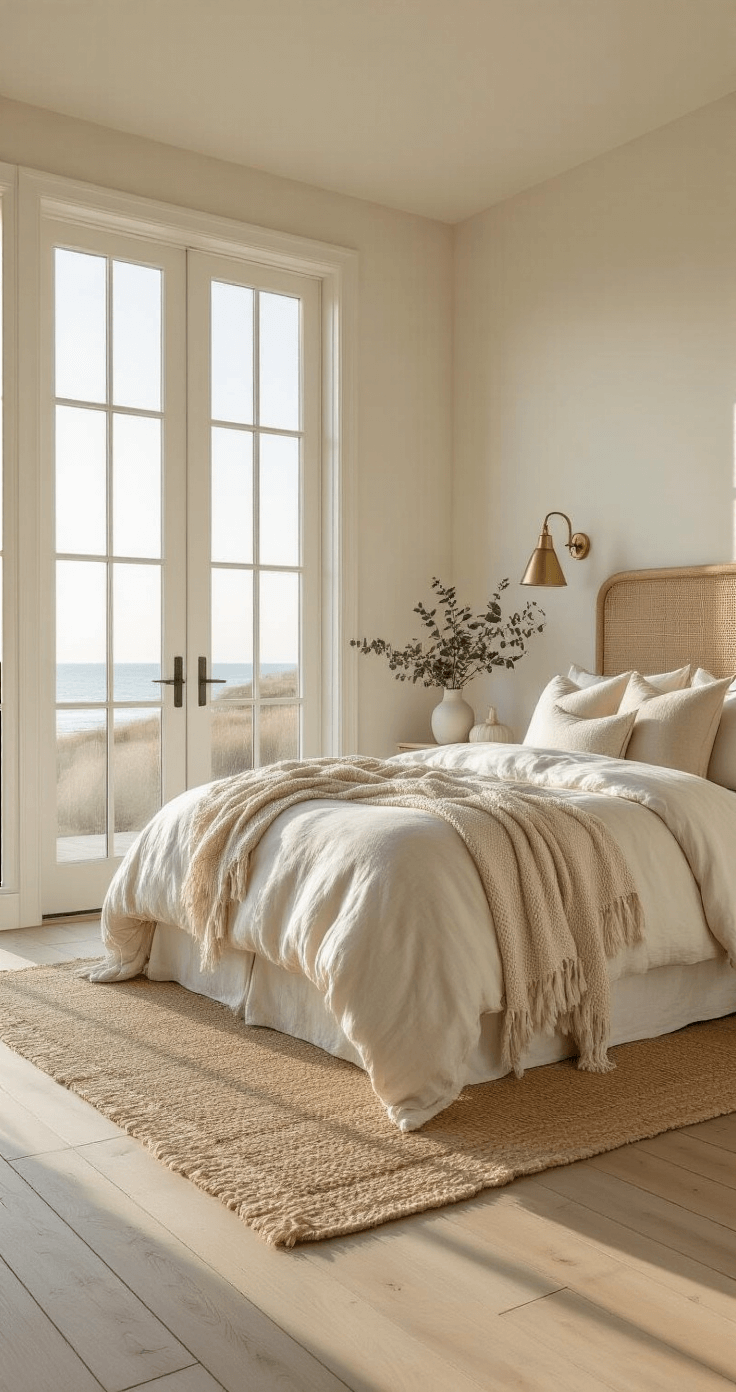 Coastal Fall Bedroom: Create a Serene Seasonal Sanctuary A spacious coastal bedroom with floor-to-ceiling windows, featuring a king-sized bed with cream linen bedding and a chunky knit throw, accented by brass sconces and a jute headboard, all bathed in golden hour sunlight. The room includes whitewashed oak floors and fall decor of dried eucalyptus and white ceramic pumpkins on a driftwood side table, creating a serene color palette of cream, sand, soft grey-blue, and aged brass.