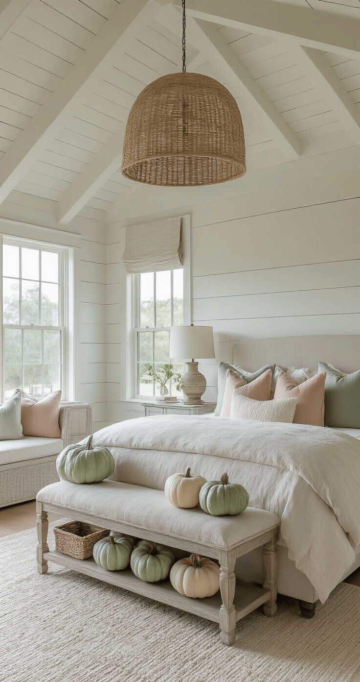 Coastal Fall Bedroom: Create a Serene Seasonal Sanctuary A serene master bedroom with a tray ceiling and exposed white beams, showcasing a queen bed against a shiplap accent wall, adorned with stone-washed linen and pastel pillows. An oversized woven pendant light casts shadows, while pale green heirloom pumpkins sit on a distressed coastal console. The image is captured from bed level, highlighting the architectural details and warm color palette of ivory, blush, sage, and driftwood grey.
