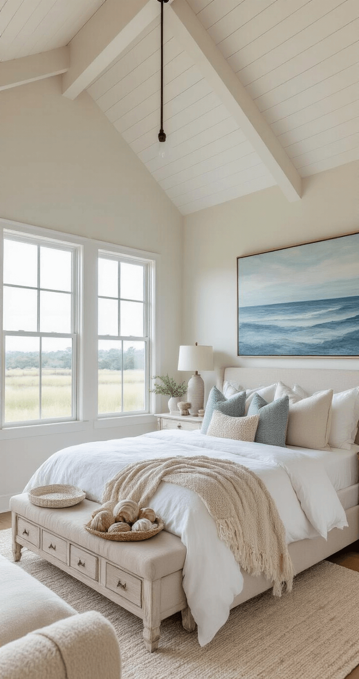 Coastal Fall Bedroom: Create a Serene Seasonal Sanctuary A bright primary bedroom featuring a California king bed with layered white linen and textured blankets, set between large windows under a cathedral ceiling. An oversized abstract seascape in blues and greys hangs above a whitewashed dresser adorned with shells and driftwood. The image captures the spacious layout and natural light, showcasing a warm color palette of white, greige, ocean blue, and sandy neutrals.