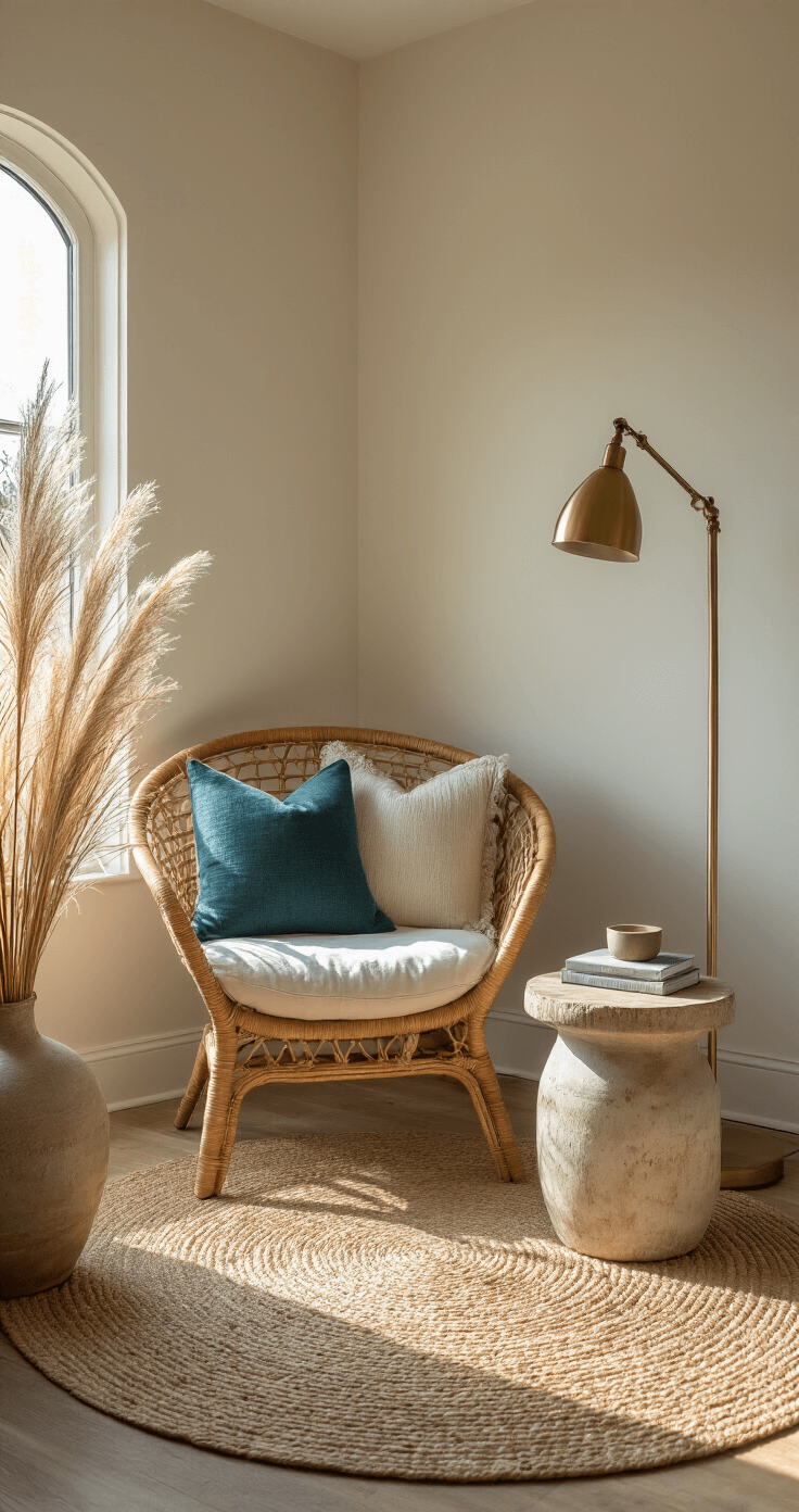 Coastal Fall Bedroom: Create a Serene Seasonal Sanctuary Cozy bedroom reading nook featuring a curved rattan chair, brass floor lamp, and weathered side table, illuminated by warm afternoon light. Layered jute and wool rugs, with dried coastal grasses in a ceramic vase, create a welcoming atmosphere in soft cream and deep teal tones.