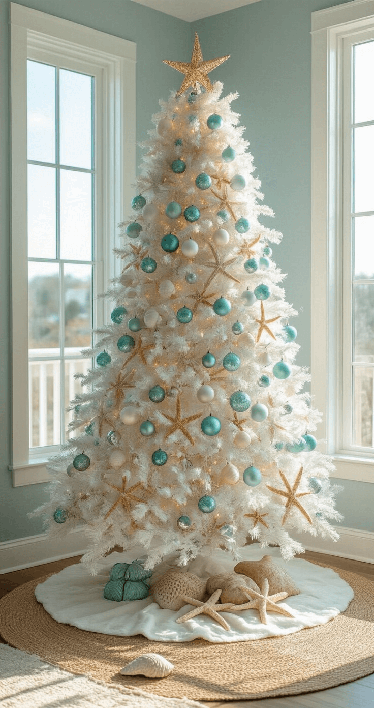 Coastal Christmas Tree: Transform Your Holiday Decor with Seaside Charm A sunlit coastal living room with a 7.5ft white Christmas tree adorned with seafoam, aqua, and pearl ornaments, starfish, and driftwood, illuminated by golden hour light streaming through floor-to-ceiling windows, featuring a white plush rug and a white linen sofa with azure throw pillows in soft focus.