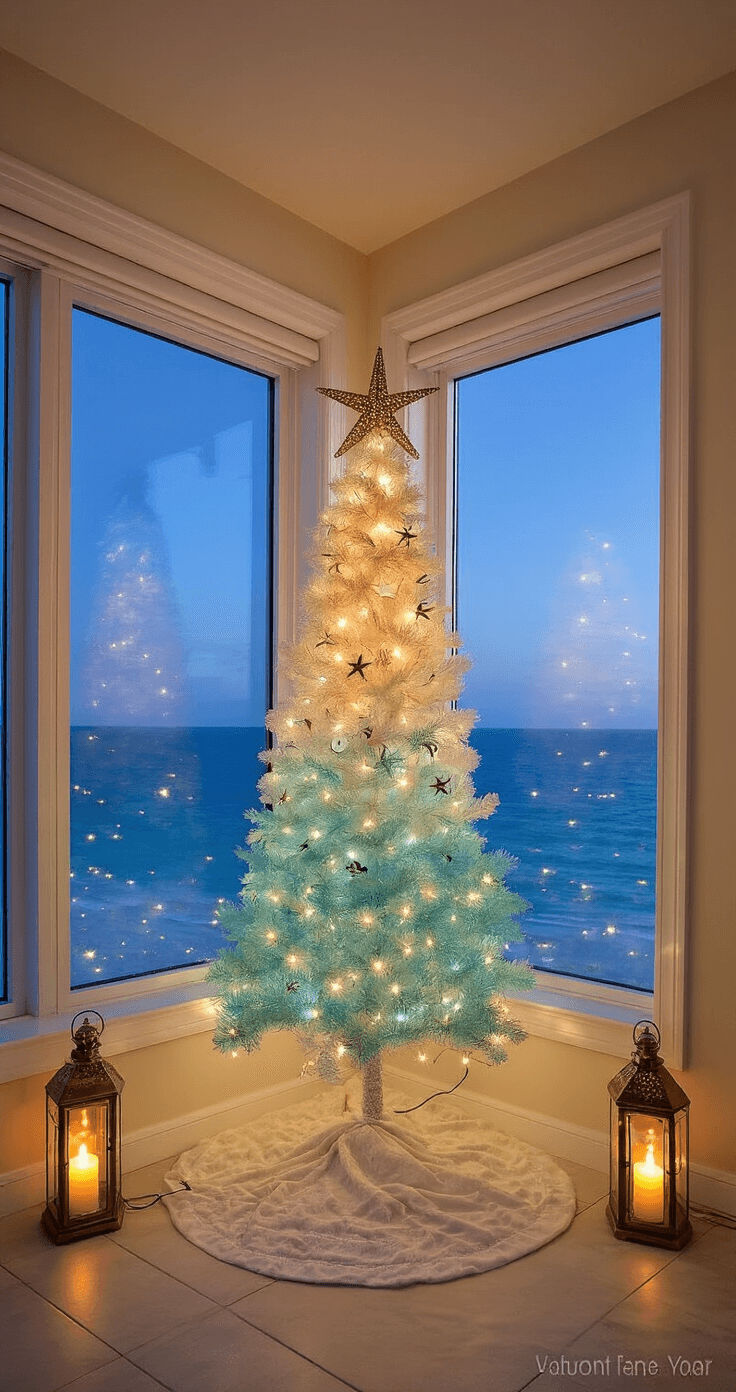 Coastal Christmas Tree: Transform Your Holiday Decor with Seaside Charm An intimate evening scene in a beachfront condo featuring a slim artificial tree adorned with an ombré effect decoration, warm white and blue lights, and a starfish topper. The tree is set in a bay window alcove, with Capiz shell garland shimmering in the soft light. The low-angle view highlights the height of the window and the twilight ocean beyond, framed by vintage brass lanterns with flickering candles.
