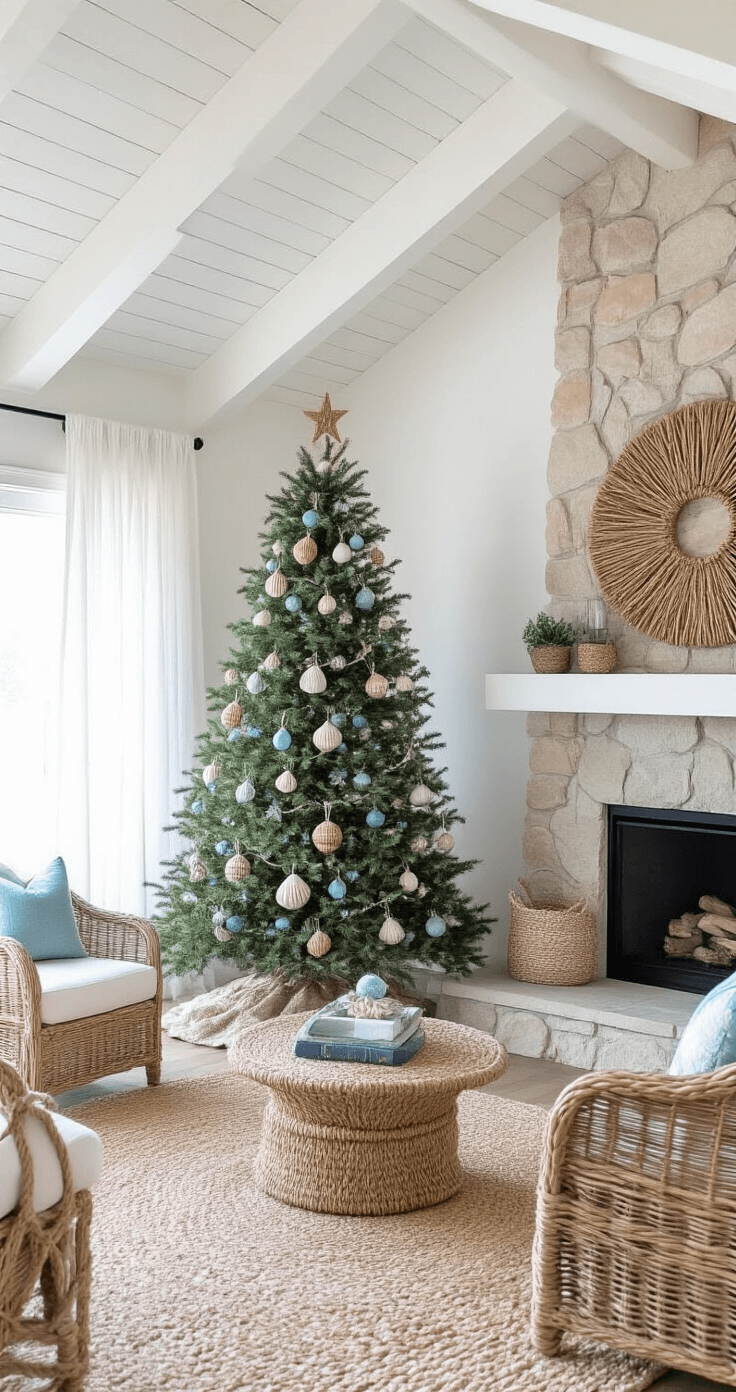 Coastal Christmas Tree: Transform Your Holiday Decor with Seaside Charm A spacious modern den with a vaulted ceiling and exposed white beams, featuring a 6.5ft pencil Christmas tree adorned with coastal ornaments beside a stone fireplace, illuminated by morning light filtering through sheer white curtains. The room includes driftwood wall art and woven seagrass furniture accents.