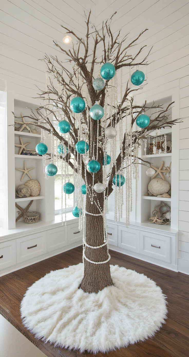 Coastal Christmas Tree: Transform Your Holiday Decor with Seaside Charm A spacious great room features whitewashed shiplap walls and a 9ft flocked Christmas tree adorned with oversized aqua and silver mercury glass ornaments, starfish, and pearl garland, set between twin built-in bookcases filled with coral specimens and nautical artifacts, all illuminated by mid-afternoon light and recessed lighting.