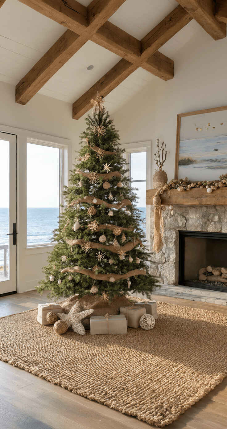 Coastal Christmas Tree: Transform Your Holiday Decor with Seaside Charm A rustic-coastal family room featuring exposed cedar beams, a noble fir tree adorned with DIY coastal ornaments, and a stone fireplace, all bathed in warm late afternoon light, with a window view of the ocean.