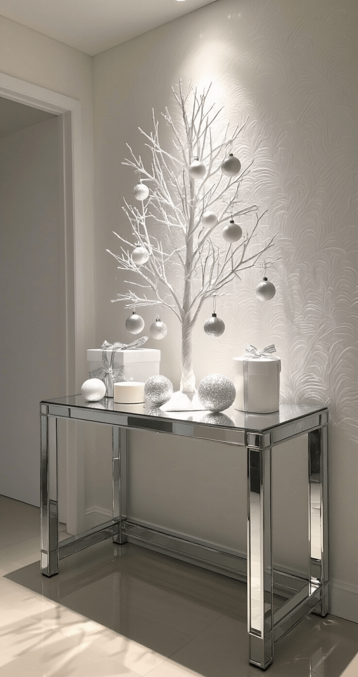 Styling a White Christmas Tree: Your Ultimate Elegant Holiday Guide Modern minimalist entryway featuring a 4' white LED tree on a mirrored console table, dramatic uplighting casting shadows on white textured wallpaper, and pure white ornaments with crystal accents and thin silver ribbon, captured in a low angle shot emphasizing height and architectural elements.