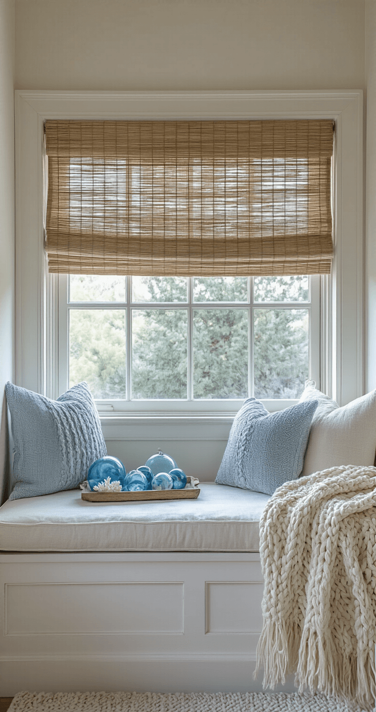 A Dreamy Coastal Christmas Living Room: Transform Your Space with Seaside Serenity Intimate window seat nook with weathered white wooden bench, natural linen cushions, and cable-knit throws in ivory and pale blue, adorned with vintage blue glass floats and white coral on a distressed wooden tray, captured at blue hour with moody shadows.