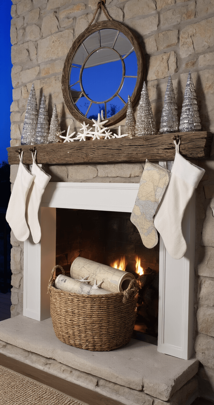 A Dreamy Coastal Christmas Living Room: Transform Your Space with Seaside Serenity Corner fireplace at twilight with a stone surround painted chalk white, featuring a driftwood mantel and a cozy glow from the fire. A large seagrass basket holds rolled coastal maps, while the mantel is adorned with mercury glass trees, a white ceramic starfish, and twinkle lights reflecting in an antiqued mirror. White stockings with rope trim hang from weathered brass hooks.