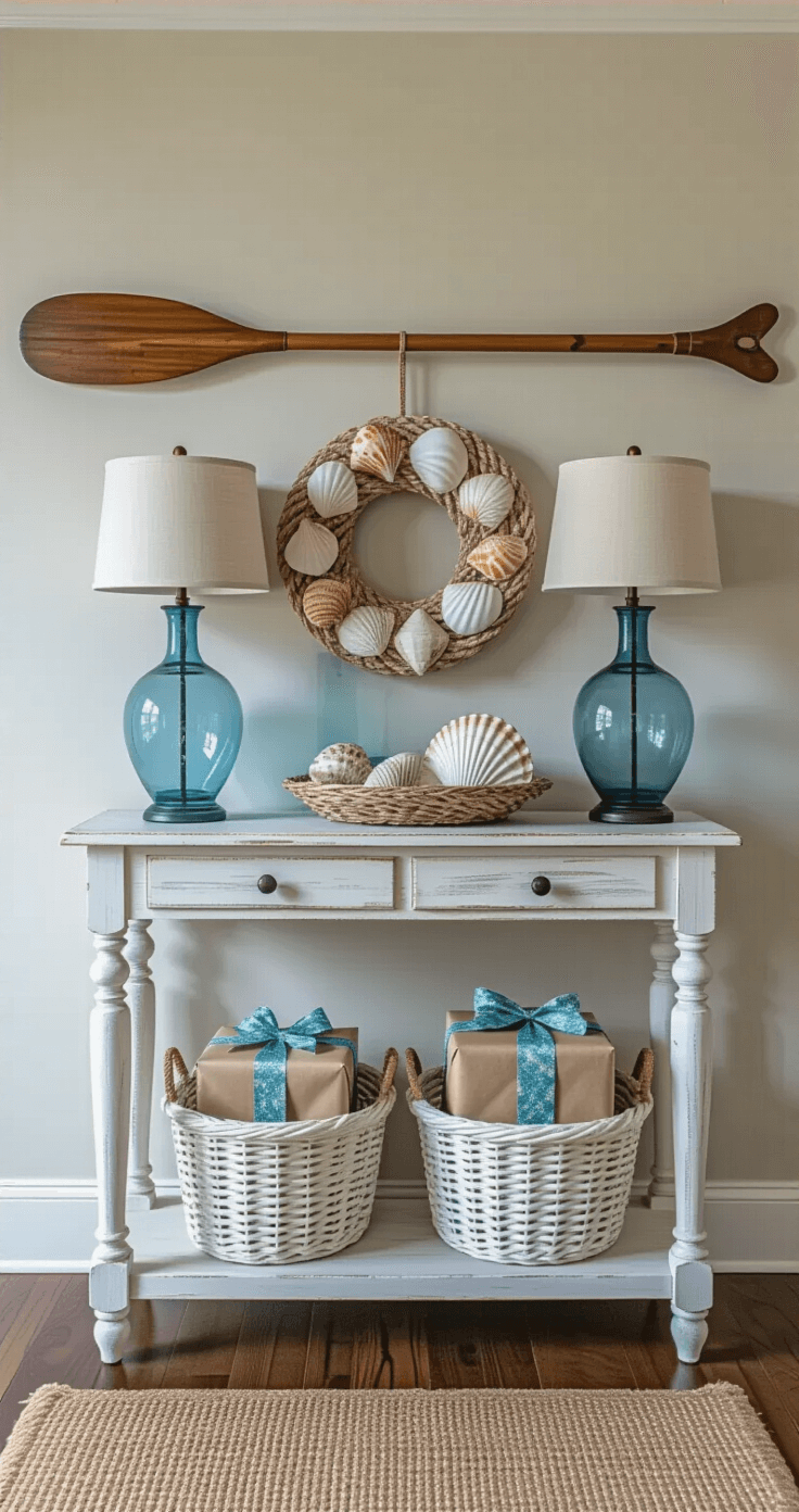 A Dreamy Coastal Christmas Living Room: Transform Your Space with Seaside Serenity A midday entryway console vignette featuring a vintage oar mounted above a whitewashed table, flanked by blue glass lamps and an oversized seashell wreath. The lower shelf displays whitewashed lobster traps with sea glass-toned wrapped presents, accented by a natural fiber runner leading to the living space.