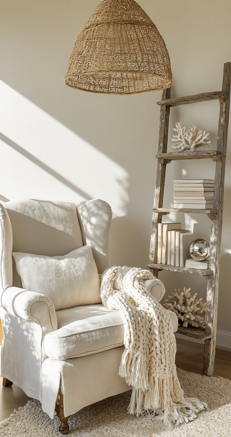 A Dreamy Coastal Christmas Living Room: Transform Your Space with Seaside Serenity A cozy reading corner with a slipcovered wingback chair in natural linen, accented by a weathered ladder shelf displaying white-spined books, mercury glass ornaments, and coral specimens, all illuminated by warm afternoon light. A rattan pendant overhead casts intricate shadows, while a chunky cream cable-knit throw drapes asymmetrically across the chair. The scene is captured from a low angle to emphasize height and create a dramatic effect.